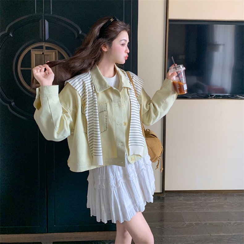 2B081-7706-p160-K238韩系条纹针织披肩长袖牛仔上衣2026春季新款,女装短外套,2B081