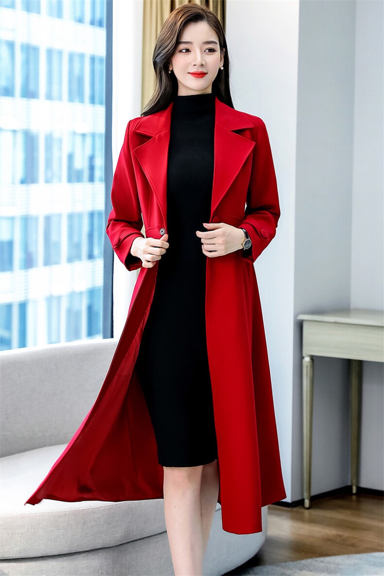 红色中长款双面羊绒大衣女秋冬显瘦本命年洋气西装领风衣毛呢外套,女装风衣,凝聚力