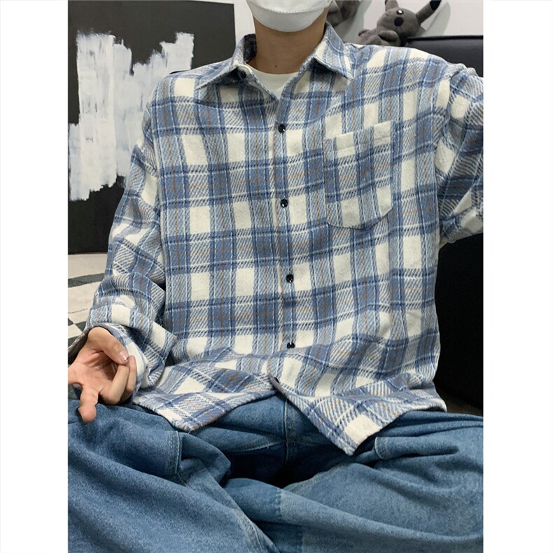 现货~磨毛格子大码长袖衬衫C5897/特P25蓝色的,男装衬衫,电商A094