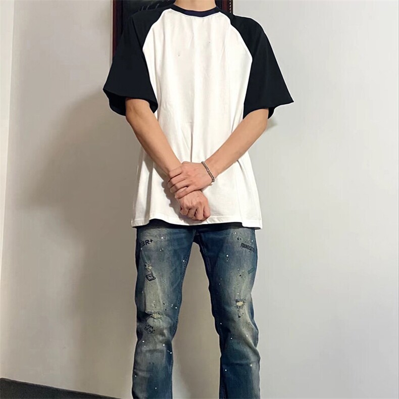 抖音得物高品质二开240克宽松纯棉美式潮牌插肩袖拼接短袖T恤,男装T恤,电商A486