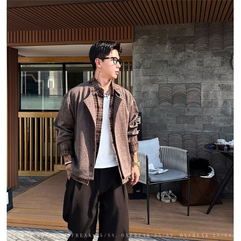 美拉德棕色假两件短款飞行员夹克男士秋冬季双领设计感棒球服外套,男装夹克,星座506A