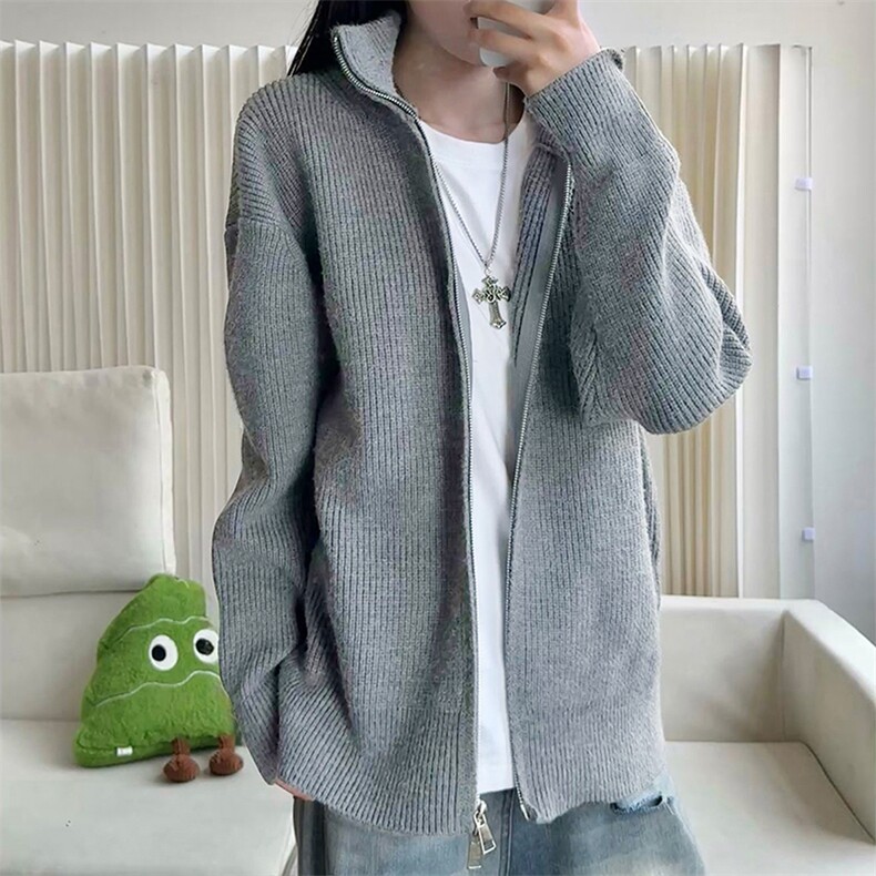 重磅秋冬北极绒双拉链毛衣开衫美式复古休闲慵懒风宽松针织衫外套,男装针织衫/毛衣,电商A486-1