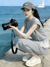 设计感时尚气质简约套装女夏新款蕾丝拼接无袖上衣半身长裙两件套，女装套装/套裙，江南
