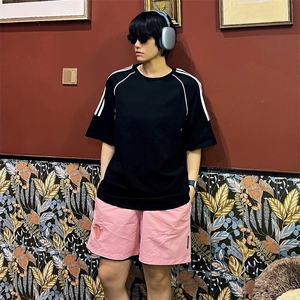 得物抖音品质二开240克重磅宽松纯棉美式高街半杠织带短袖T恤图片