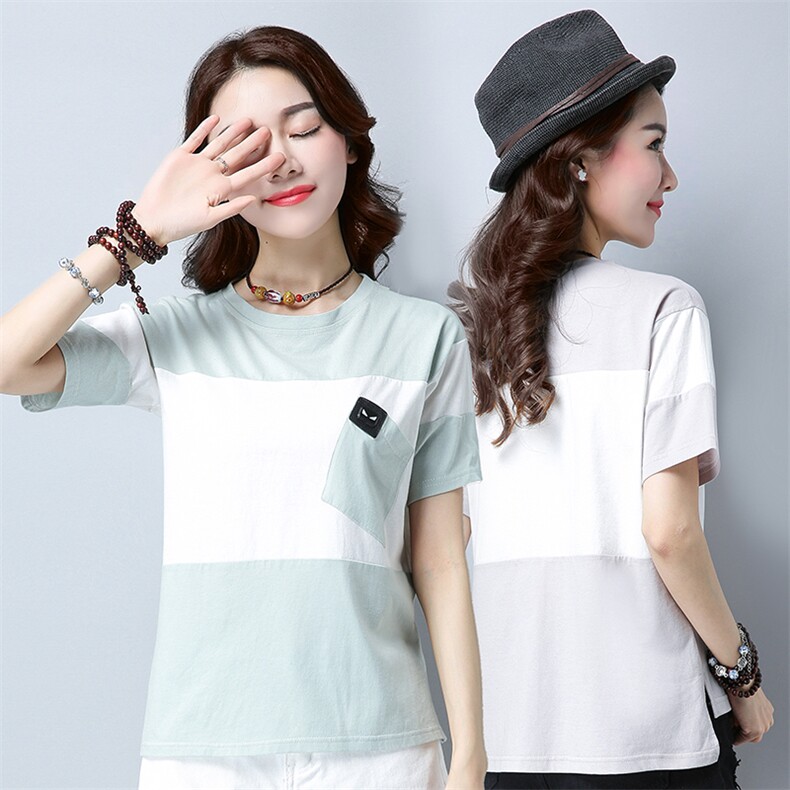 拼接口袋创意2021年夏季短袖宽松T恤纯色通勤圆领韩版百搭，女装T恤，丽影随形