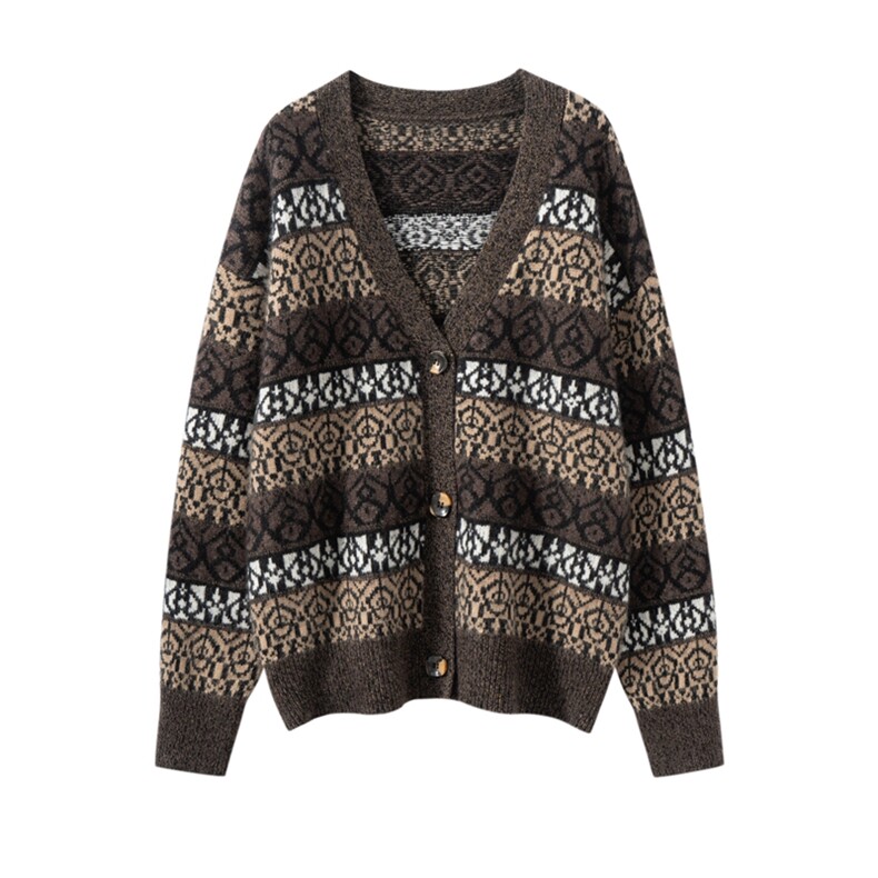 2025年秋季宽松型常规开衫长袖单件V领，女装羊绒衫，雪山红莲