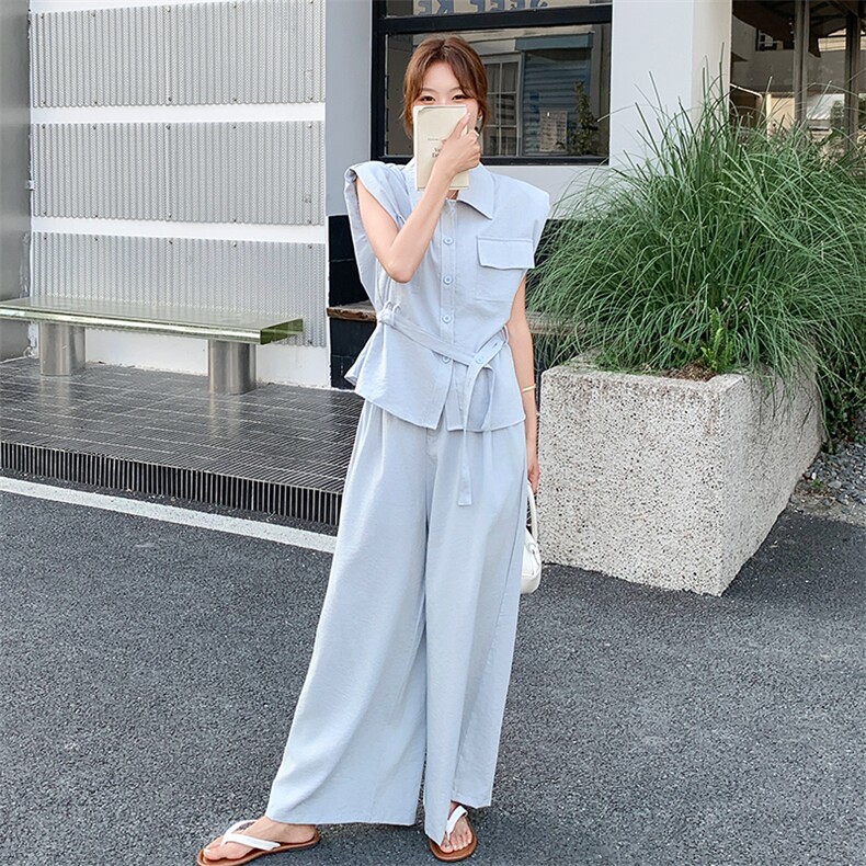 浅蓝色轻熟风廓形马甲阔腿裤套装女2025夏季新款韩系高级感两件套,女装套装/套裙,2C317A