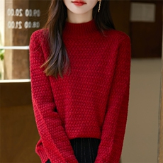 半高领席编提花加厚羊毛衫女秋冬宽松慵懒风羊绒衫打底毛衣，女装羊毛衫，暖烁羊绒