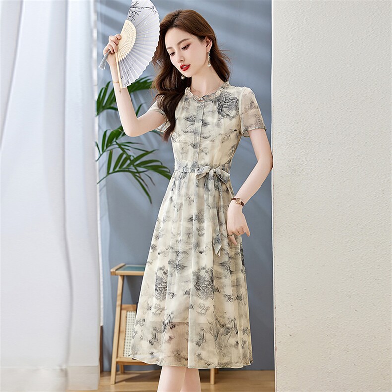 雪纺连衣裙夏季2025新款衣服大码女装高级感高端精致气质碎花裙子,女装连衣裙,牡丹诺