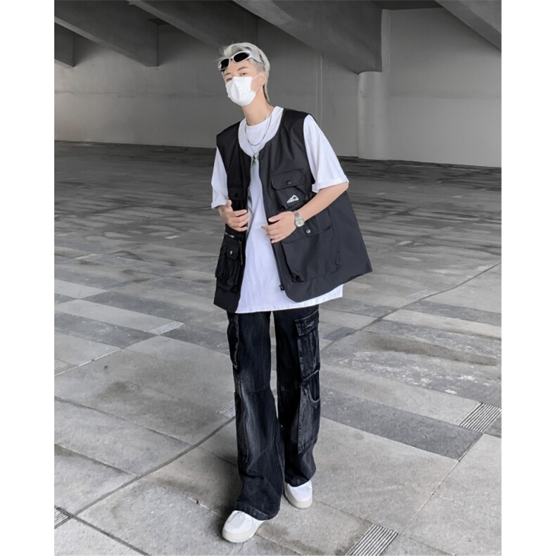 夏季高街机能风工装战术马甲男女粉色潮牌暗黑系嘻哈街舞无袖外套图片