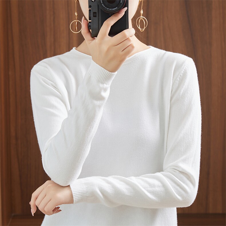 圆领针织衫女薄款打底衫2024年春秋新款纯色长袖内搭洋气坑条打底,针织衫/毛衣,春韵羊绒