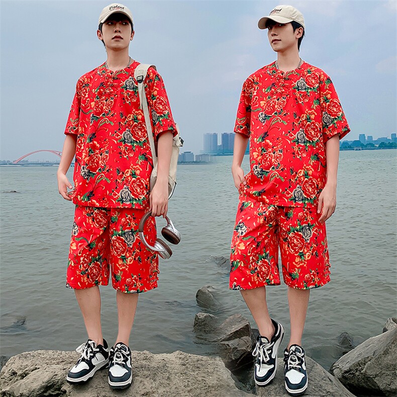 TZZ风盘扣T恤裤子大码团队服东北大花套装男女表演出新中式服,男装T恤,星座115A(原星座507）