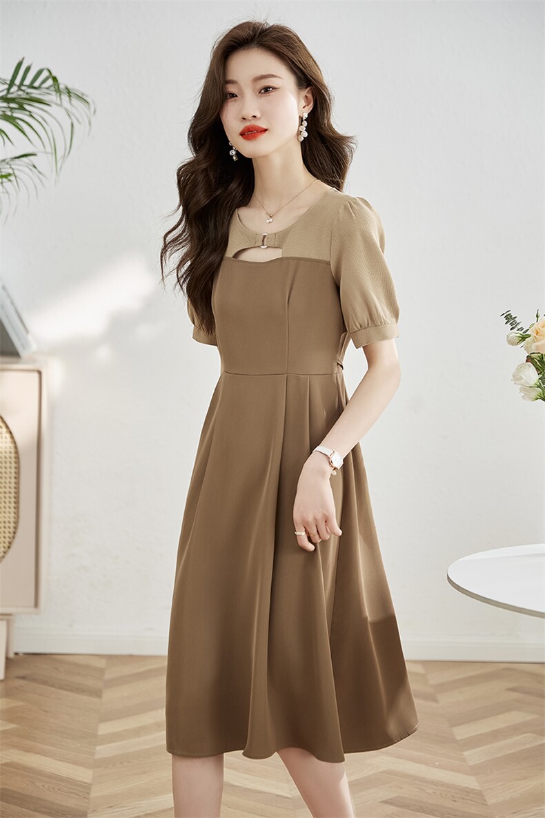 法式连衣裙女2025春夏新品撞色拼接茶歇裙高腰显瘦中长裙,女装连衣裙,采品优优