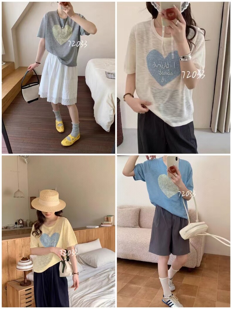 羊范闭眼入~薄款竹节麻针织上衣女2025夏季新款韩系圆领爱心T恤衫,女装T恤,唐诺