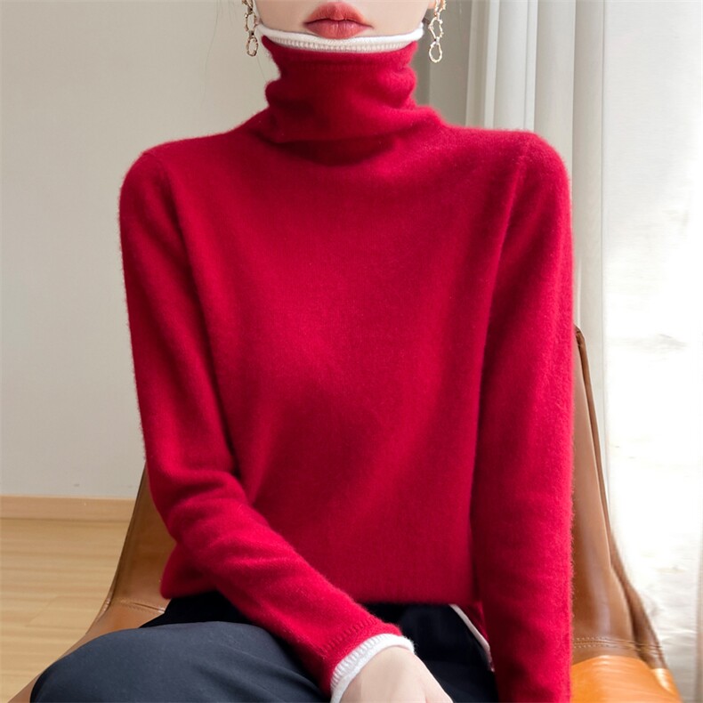 时尚百搭高领假两件纯色羊毛衫女秋冬新款修身显瘦长袖针织毛衣,女装羊毛衫,九嘉羊绒