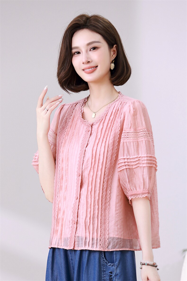 时尚甜美粉色蕾丝拼接宽松显瘦女装衬衫,女装衬衫,叶笙衣