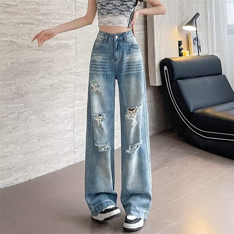 复古破洞阔腿牛仔裤女2025夏季薄浅蓝色破洞直筒牛仔裤女图片