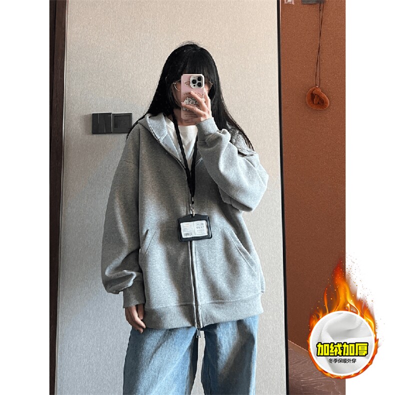 480G重磅加绒硬挺boxy男女秋冬美式高街结构双拉链开衫卫衣厚外套,女装短外套,电商A486
