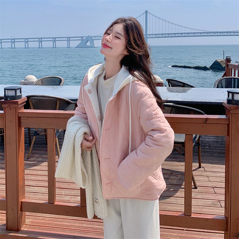 粉色两面穿羊羔毛外套女2024年冬季新款奶fufu小个子加厚连帽棉服,女装羊羔毛/颗粒绒,浪娴服饰