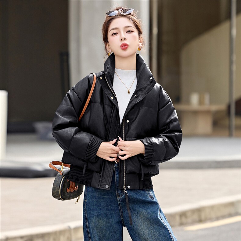 复古机车pu皮衣派克服白鸭绒羽绒服女冬新小个子加厚面包服短外套,女装羽绒服,意芙