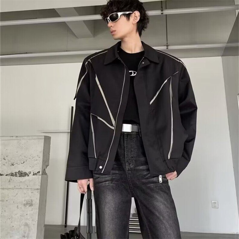 美式拼接廓形夹克外套男春秋季宽松休闲百搭上衣，男装夹克，星座716-4