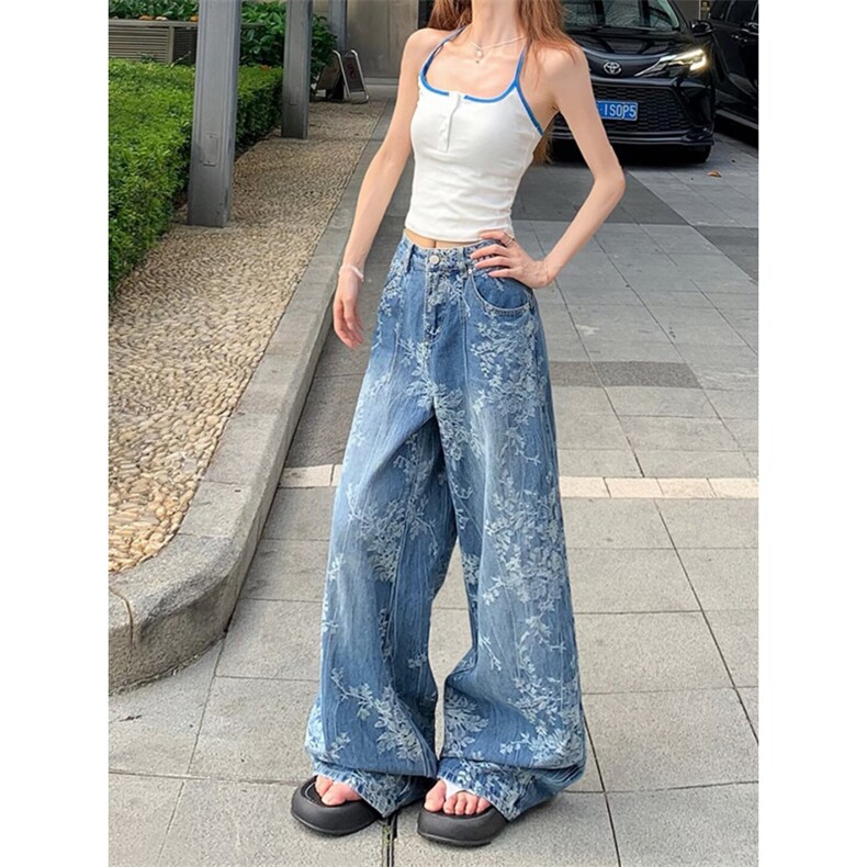 大码美式复古水洗波纹微喇牛仔裤女新款辣妹排扣褶皱直筒显瘦长裤图片