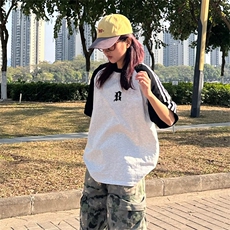 抖音得物品质二开240克宽松纯棉美式潮牌插肩三杠织带短袖T恤，男装T恤，电商A486