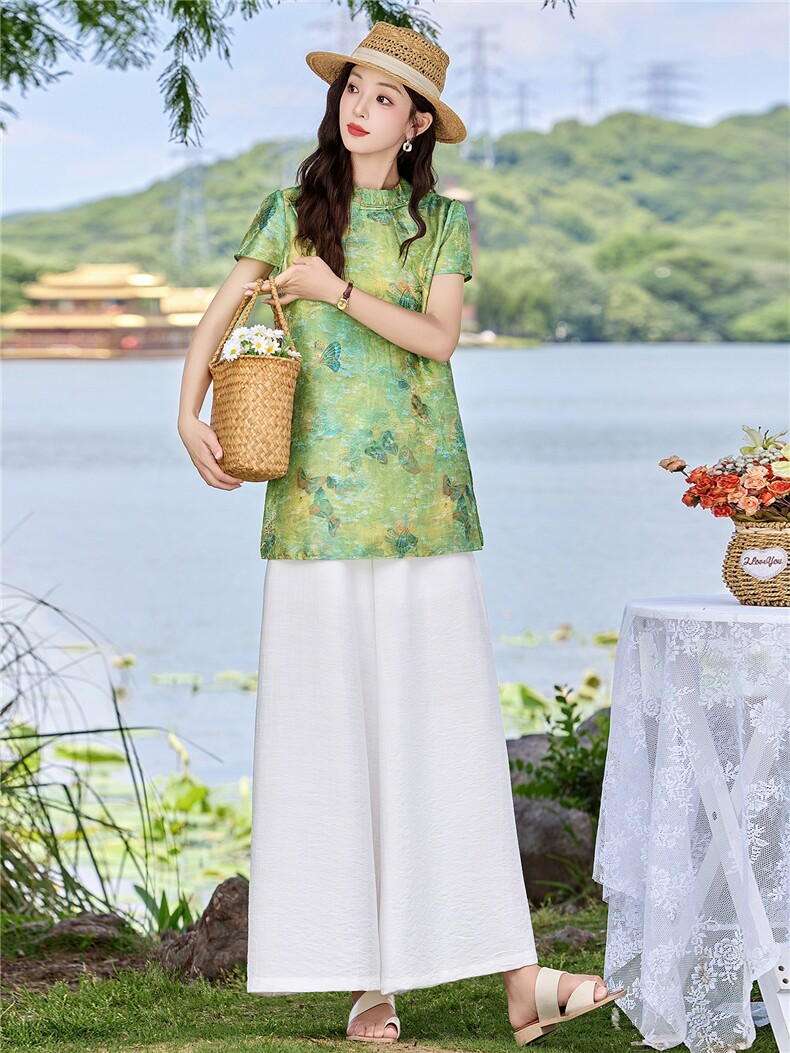 新中式印花盘扣上衣+阔腿裤两件套,女装套装/套裙,鑫鑫美