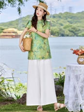 新中式印花盘扣上衣+阔腿裤两件套，女装套装/套裙，鑫鑫美