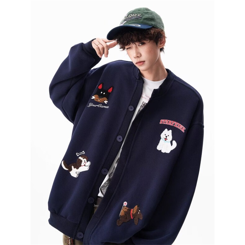 美式趣味毛巾绣慵懒卫衣开衫男女秋冬情侣棒球服潮SX1010P51,女装职业装,星座1112-1