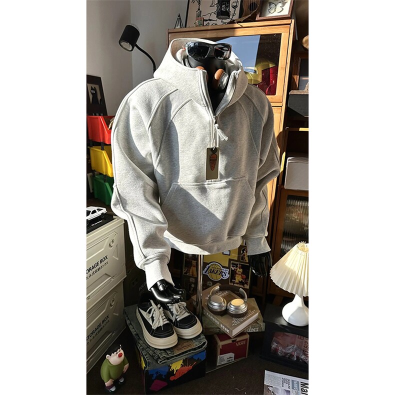 抖音得物高品质二开 26春装重磅宽松结构拉链设计高领连帽卫衣W76图片