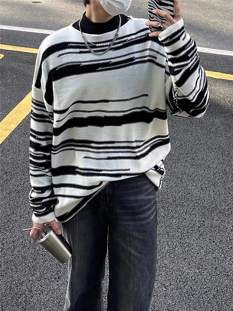 现货！不规则条纹毛衣慵懒高级设计感小众针织衫外套RA339-P75，男装针织衫/毛衣，星座1005-6