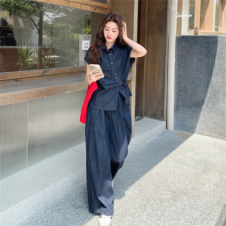 蓝色牛仔开衫阔腿裤两件套女2025年夏季新款时尚独特绝美高腰套装,女装套装/套裙,2C090