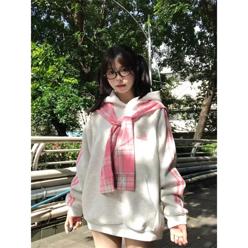 W10436-P53网图现货美式复古可拆卸格子披肩连帽卫衣宽松外套,女装短外套,星座1608