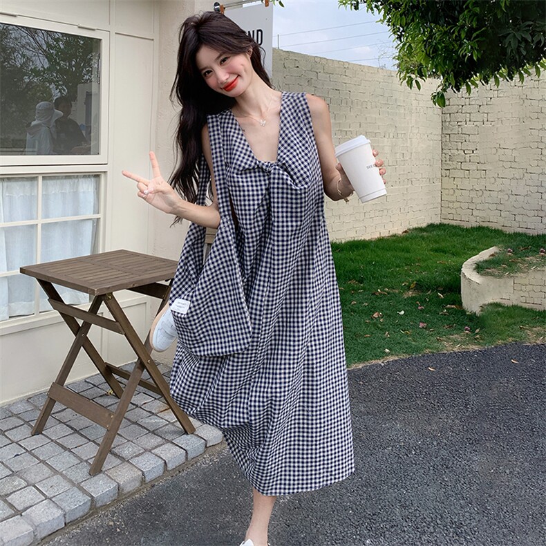 正反两穿黑白格子无袖连衣裙女2025夏季新款法式复古宽松背心裙潮,女装连衣裙,2C085