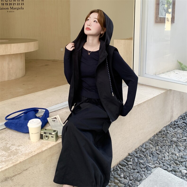 黑色休闲打底衫工装马甲套装女秋季2025新款休闲显瘦半身裙三件套,女装套装/套裙,2C028