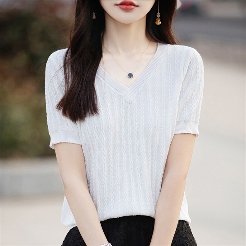 法式设计感纯棉线针织短袖t恤女夏薄V领复古提花宽松上衣打底T恤,针织衫/毛衣,郡淞羊绒