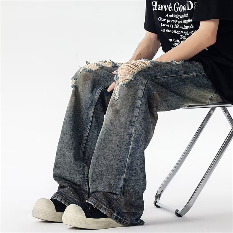 美式复古做旧废土风破洞牛仔裤男女宽松炸街痞帅裤子G3145/P54,男装牛仔裤,星座506