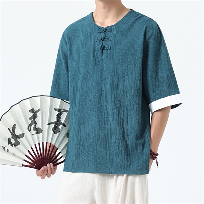男士衬衫五分袖衬衣中袖印花圆领唐装风XZ1512-2612-P40,男装T恤,星座1512