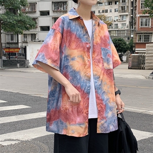 特P29控58夏季冰丝港风男宽松版扎染短袖衬衫CS11,卡其灰色卫衣最佳颜色搭配图片