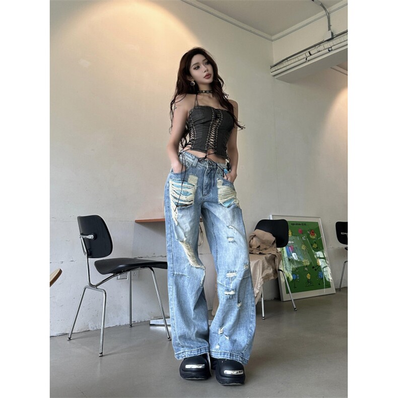 【有货】N7018CC-特P50 美式复古破洞牛仔裤男女夏季设计感裤子图片