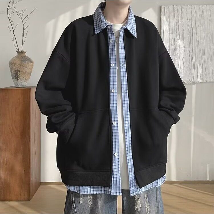 假两件格子拼接外套男2026新款秋季美式重磅卫衣cleanfit开衫夹克,男装夹克,星座715-4