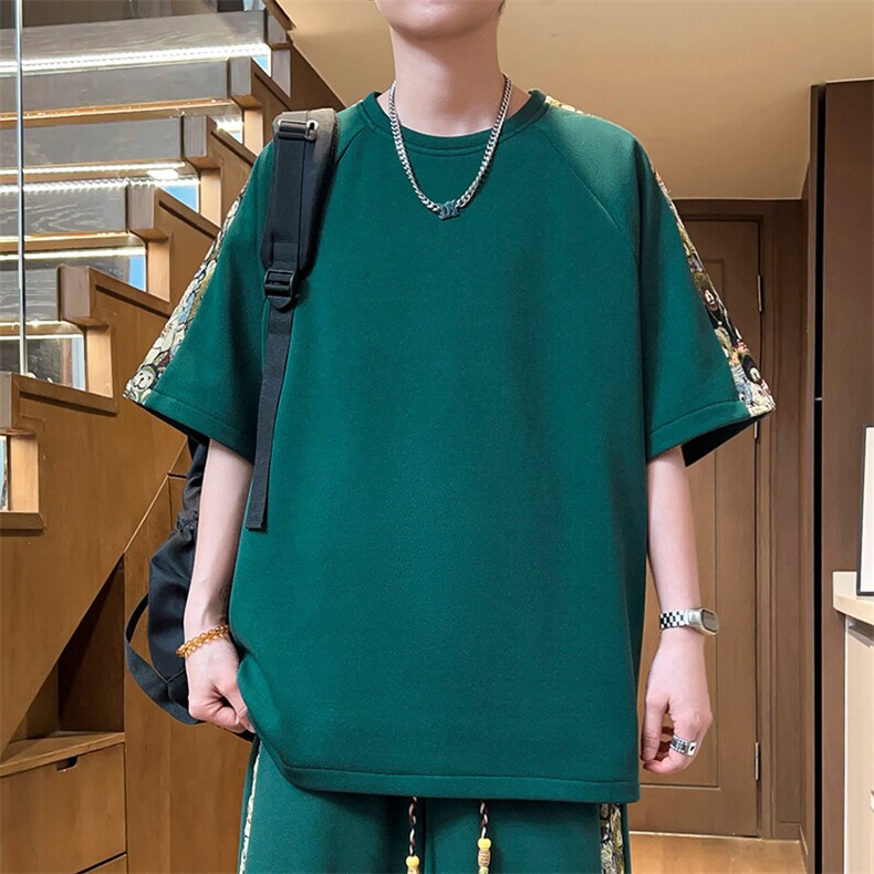 落肩袖t恤男夏季拼接小熊男士体恤潮五分袖上衣圆领A266-T199-P22,男装T恤,电商A266