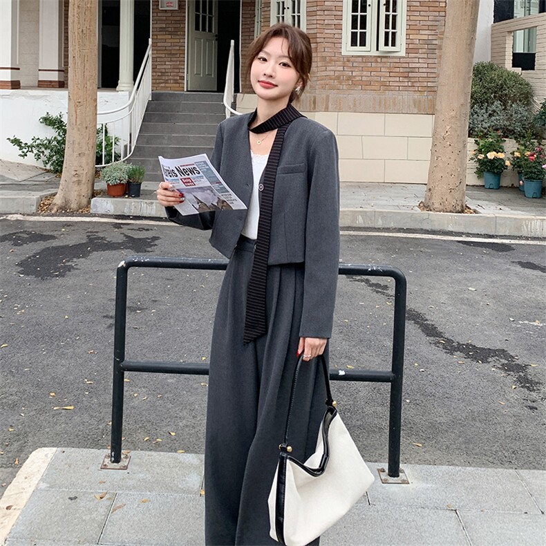 韩系高级感穿搭一整套装女2025新款春季飘带西装外套阔腿裤两件套，女装套装/套裙，辉之琳
