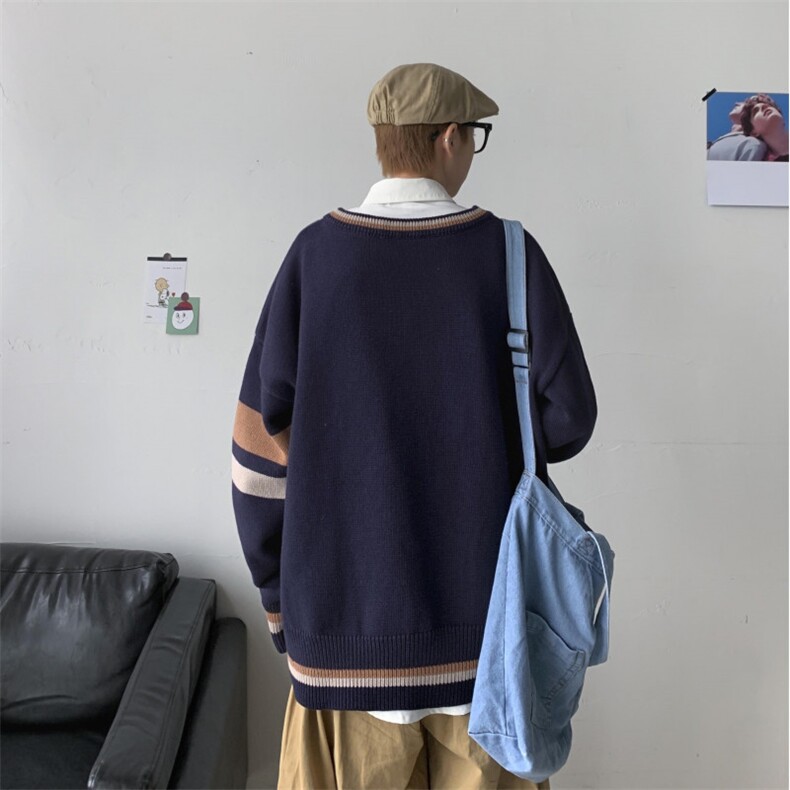 秋装港风针织衫V领长袖毛衣JK宽松制服情侣慵懒风中性W08/P65,男装针织衫/毛衣,电商A221A