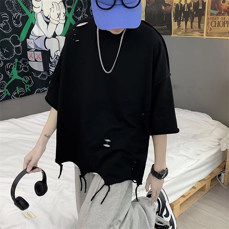 ins破洞短袖夏季2023新款百搭男女款T恤宽松半袖上衣T797-P23,男装T恤,星座512-2
