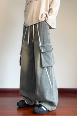 现货秋季新款条纹拼接牛仔裤男美式大口袋阔腿裤子-A2187TP55控98，男装牛仔裤，电商B241