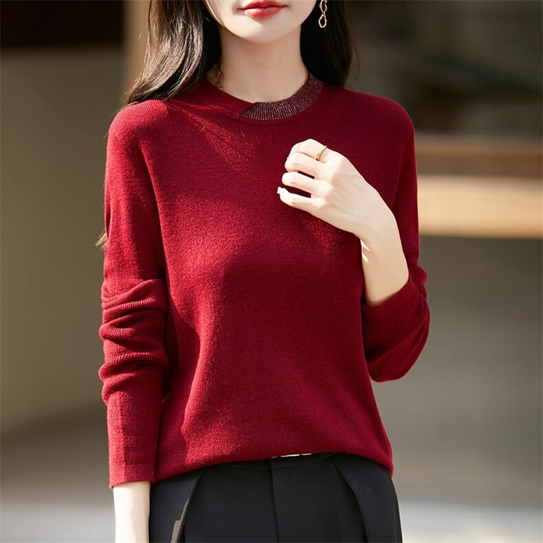 秋冬季通勤休闲款16G领口烫钻圆领长袖针织衫上衣，女装羊毛衫，暖烁羊绒