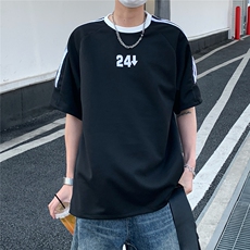 2026夏装新款薄款织带拼接短袖印花五分袖T恤T6606/特P30黑色3，男装T恤，电商A094