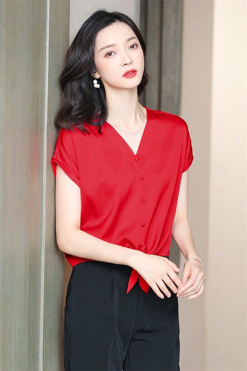 重磅真丝短袖衬衫女夏季2025新款气质V领设计感桑蚕丝短款上衣潮,女装衬衫,阿舍尔精品